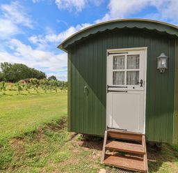 A shepherd's hut with steps and a door at Shepherds Hut at East Hill Pride Four Elms Hill Nr. Sidmouth