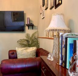 A living room with a television and a lamp at Downton I in Alnwick