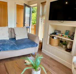 A living room with a sofa and a television at Lakeside Retreat in Newton Abbot