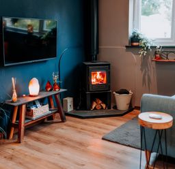 A living room with a stove and television at TyCosy in St Davids