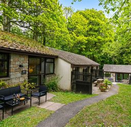 An outdoor view of a cabin with seating and trees at Painters Cottage 2Bed Chalet Free Leisure Passes Near St Ives