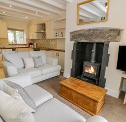 A living room with a sofa and fireplace at Awelfryn in Betws-y-Coed