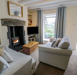A living room with a fireplace and a television at Awelfryn in Betws-y-Coed