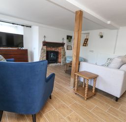 A living room with a television and a fireplace at Greenwich Cottage in Burton Bradstock