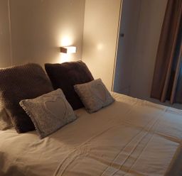 A bedroom with a bed and decorative pillows at Builth Wells
