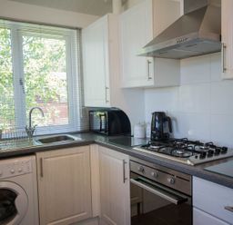 A kitchen with a sink, gas stove, and washing machine at Felmoor Park Northumberland Lodge with Hot Tub Felmoor Park near Felton