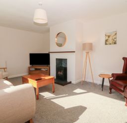 A living room with a TV and fireplace at Wilpol in Llanerchymedd