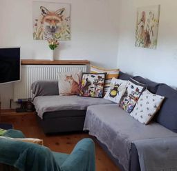A living room with a sofa and television at 3 Bedroom Cottage Hot Tub Garden Parking Dunkeswell