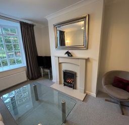 A living room with a fireplace and window at Charming 3Bed Cottage  Private Garden Parking in Torquay
