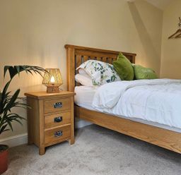 A bedroom with a bed, nightstand, plant and lamp at Lily's Cottage Suffolk Sleeps 2 with Pets in Mendlesham Green near Stowmarket