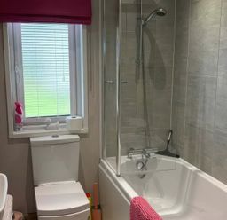 A bathroom with a toilet, sink, and shower at Harrogate Lodge Sleeps4 South Facing Decking, Lufflands Caravan Park near Holsworthy