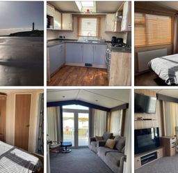 A beach view, kitchen with appliances and living area with sofa at Silversands Holiday Park, Indi’s Retreat at Silversands Helston