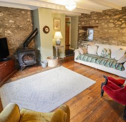 A living room with a television and a fireplace at Ty'r Wennol in Fishguard