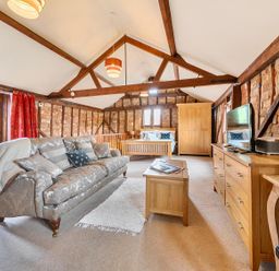 A living room with a sofa and television at Barn Conversion Sleeps 2 with Parking in Diss