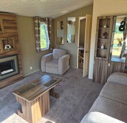 A living room with a fireplace and furniture at Cabin - Sleeps 6 - Outdoor Pool and Parking in Cenarth