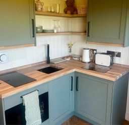 A kitchen with sink and appliances at Peaceful Shepherd Hut near Clovelly