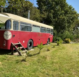 A red bus in a garden at Honey Bus in Menheniot