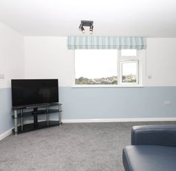 A living room with a TV and window at Merlins Hideaway in Dawlish