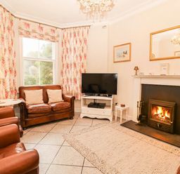 A living room with a sofa, television, and fireplace at Craig Y Glyn