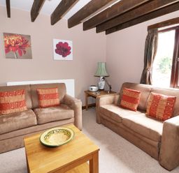 A living room with two brown sofas red patterned cushions wooden coffee table and side table with lamp and radio at Cedar Cottage in Llanidloes