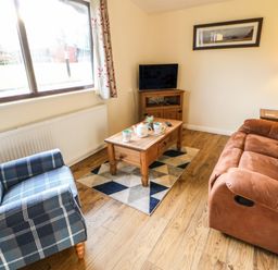 A living room with a brown sofa a blue plaid armchair a wooden coffee table and a small TV on a wooden stand at Primrose Lodge in Saltburn-by-the-Sea