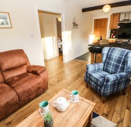 A living room with a brown sofa and a blue plaid armchair next to a wooden coffee table with mugs and a teapot at Primrose Lodge in Saltburn-by-the-Sea