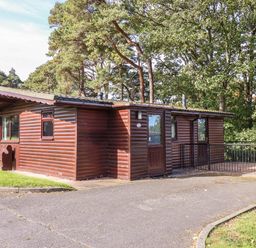 An outdoor log cabin with windows and a deck at Primrose Lodge in Saltburn-by-the-Sea