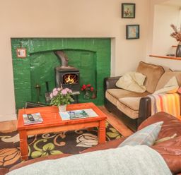 A living room with a green fireplace a wood stove two sofas a wooden coffee table with flowers and magazines at Nanas House in Allihies County Cork