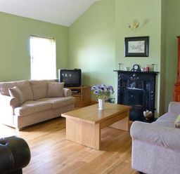 A living room with two beige sofas a coffee table with flowers an old television a black fireplace and a wooden cabinet at The Bay in Caherdaniel County Kerry