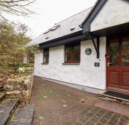 Exterior view of a white house with brown door and windows and stone steps in front at Lodge 22 Cherry in Wadebridge