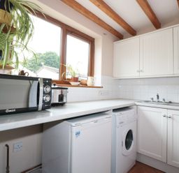 A kitchen with microwave toaster washing machine refrigerator sink cabinets and potted plants at Lynton House in Ruardean Hill near Drybrook