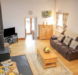 A living room with a brown leather sofa three plaid cushions a wooden coffee table with fruit a wood stove and a television at Pendre Uchaf in Melin-y-Wig near Ruthin