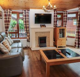 A living room with a gray sofa a coffee table a fireplace a wall mounted tv and windows with plaid curtains at Langdale Lodge 15 White Cross Bay near Troutbeck Bridge