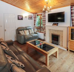 A living room with leather sofas a coffee table a fireplace a mounted TV and a wooden cabinet at Langdale Lodge 15 White Cross Bay near Troutbeck Bridge