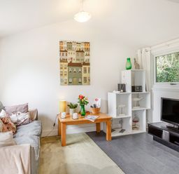 A living room with a sofa pillows coffee table and a television at The Shepherd's Hut in Aberdovey