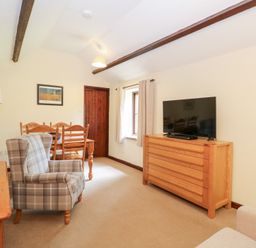 A living room with a plaid armchair wooden dining table wooden chest of drawers and a television at Moonlight Cottage in Coltishall