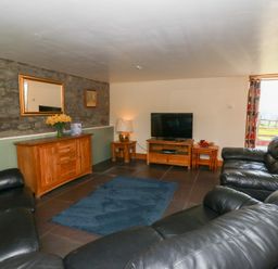 A living room with black leather sofas a wooden cabinet a television and a blue rug at Mill Cottage in Aberaeron