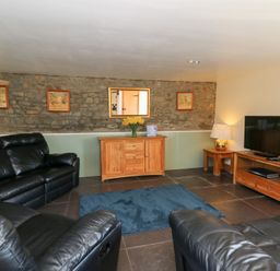 A living room with black leather sofas a blue rug wooden cabinets and a television at Mill Cottage in Aberaeron
