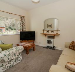A living room with a sofa and television at Gardener's Cottage in Llanwrthwl near Rhayader
