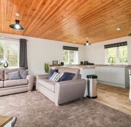An open living room and kitchen with grey sofas and a dining table at Lodge One Brighton near Summercourt