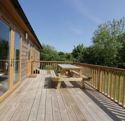 A wooden deck with a picnic table next to a wooden building with glass doors and windows surrounded by trees at Lodge One Brighton near Summercourt