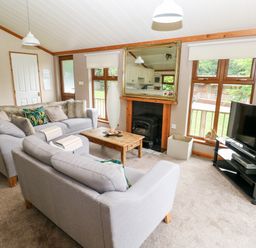 A living room with gray sofas a wooden coffee table a fireplace a large mirror a black TV on a stand and windows with roller blinds at The Beeches in Narberth