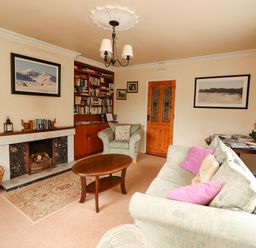 A living room with a fireplace bookshelves a wooden coffee table and a sofa with pink pillows at The Lodge Churchtown near Beaufort County Kerry