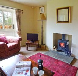 A living room with a red armchair a wooden coffee table a small television a wood-burning stove and a red rug at The White Cottage in Bridlington
