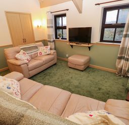 A living room with beige sofas a television on a wall shelf and striped curtains at Foxglove in Newport Pembrokeshire