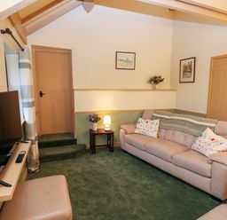 A living room with a beige leather sofa a television on a shelf a small wooden side table with a lamp and flowers at Foxglove in Newport Pembrokeshire