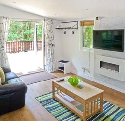 A living room with a black leather sofa a wooden coffee table with a green bowl a striped rug a wall-mounted tv and an electric fireplace at Top Lodge 4 Skiptory Howe White Cross Bay near Troutbeck Bridge