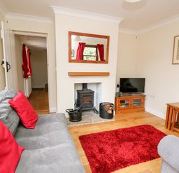 A living room with a gray sofa and red cushions a wood stove a red rug and a television on a wooden cabinet at Penlon in Capel Bangor near Aberystwyth