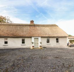 A thatched roof cottage with a light green door and four windows at New Thatch Farm Scarteen near Knocklong County Limerick