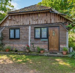 A wooden cabin with a brown door and two windows surrounded by potted plants at Endymion Linwood near Ringwood New Forest